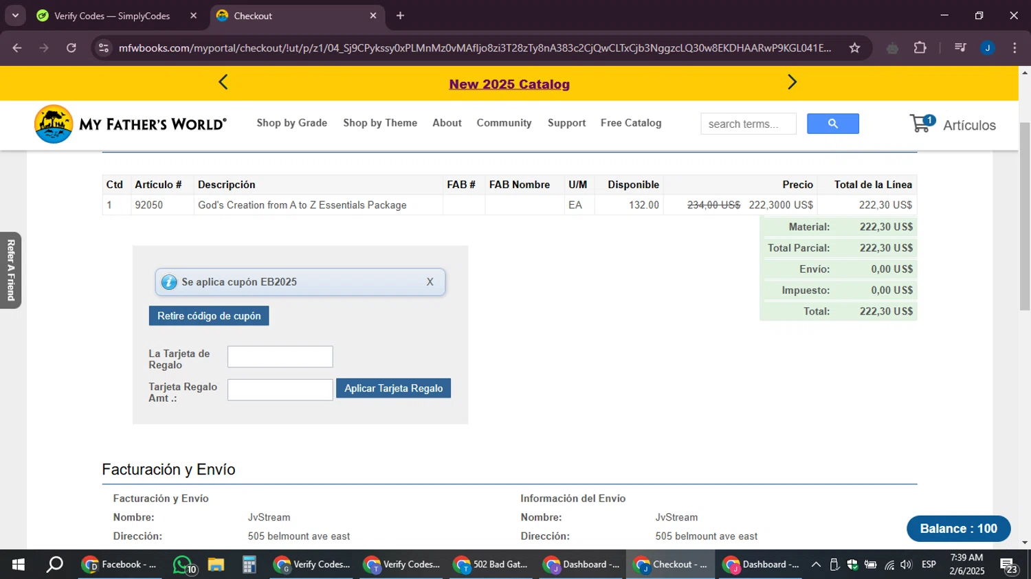My Father's World checkout page showing My Father's World coupon code box | Screenshot taken by SimplyCodes community member on Feb 6, 2025