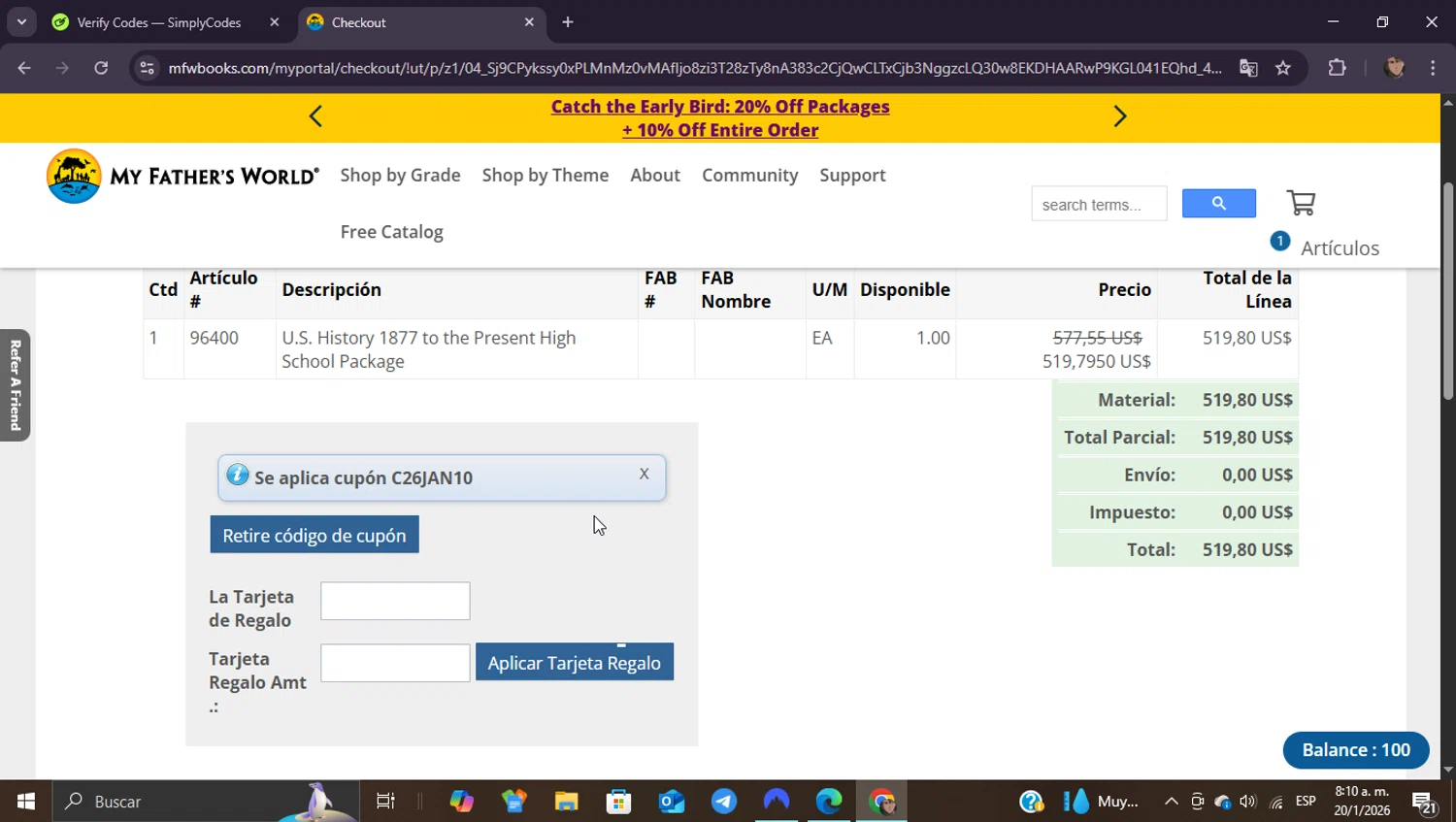 My Father's World coupon code screenshot showing code C26JAN10 applied at My Father's World checkout page. Uploaded by SimplyCodes community member ShieldEagle9436 on Jan 20, 2026
