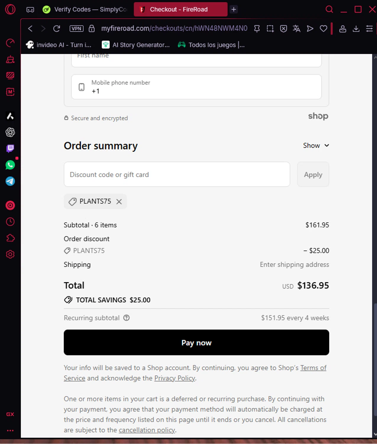 FireRoad promo code screenshot showing code PLANTS75 applied at FireRoad checkout page. Uploaded by SimplyCodes community member SavvyWizard7346 on Oct 15, 2025