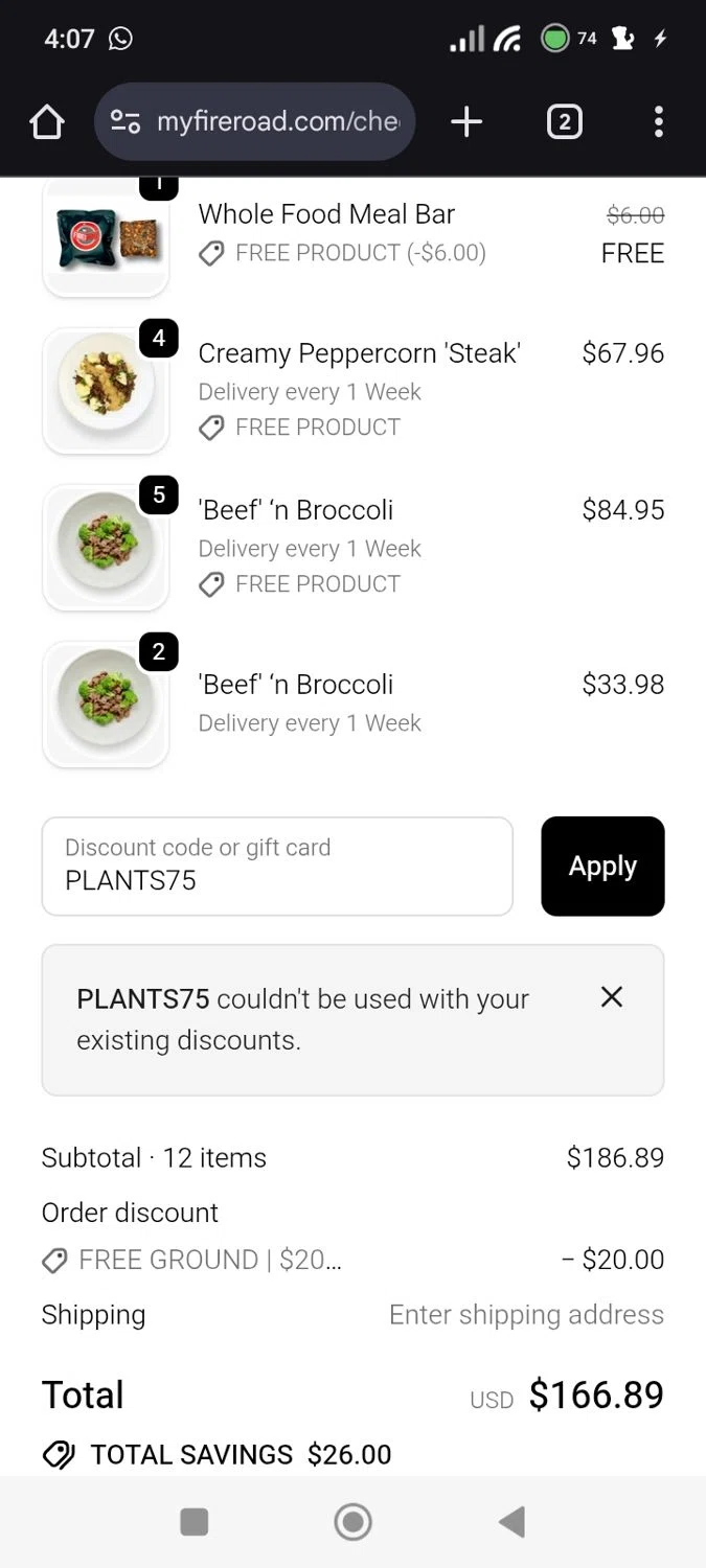 FireRoad promo code screenshot showing code PLANTS75 applied at FireRoad checkout page. Uploaded by SimplyCodes community member Original01 on Nov 15, 2025