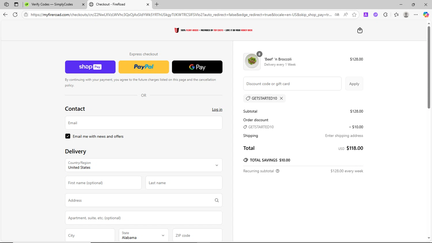 FireRoad promo code screenshot showing code GETSTARTED10 applied at FireRoad checkout page. Uploaded by SimplyCodes community member CrownShopper2899 on Jun 4, 2025