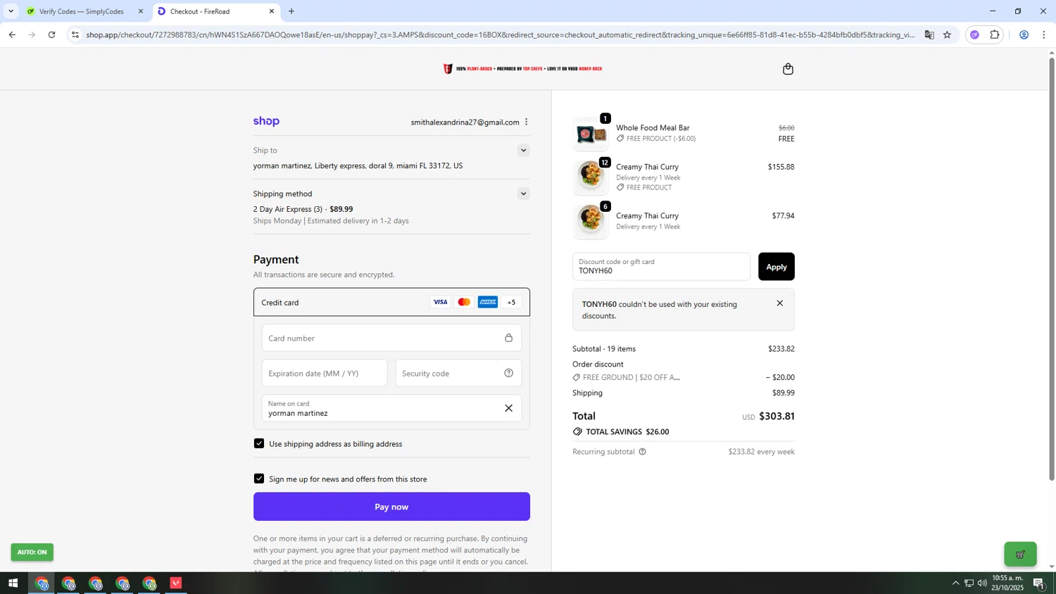 FireRoad promo code screenshot showing code TONYH60 applied at FireRoad checkout page. Uploaded by SimplyCodes community member HUMANIZER on Oct 23, 2025