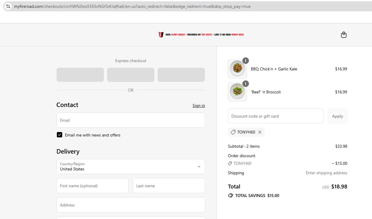 FireRoad promo code screenshot showing code TONYH60 applied at FireRoad checkout page. Uploaded by SimplyCodes community member YHLQMDLGN on Sep 12, 2025