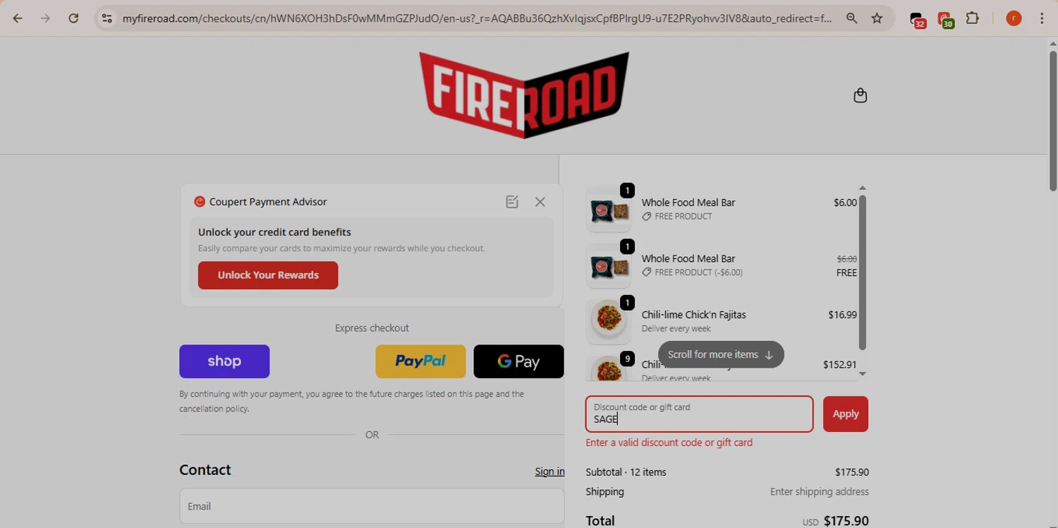 FireRoad promo code screenshot showing code SAGE applied at FireRoad checkout page. Uploaded by SimplyCodes community member CashMaverick1144 on Dec 17, 2025