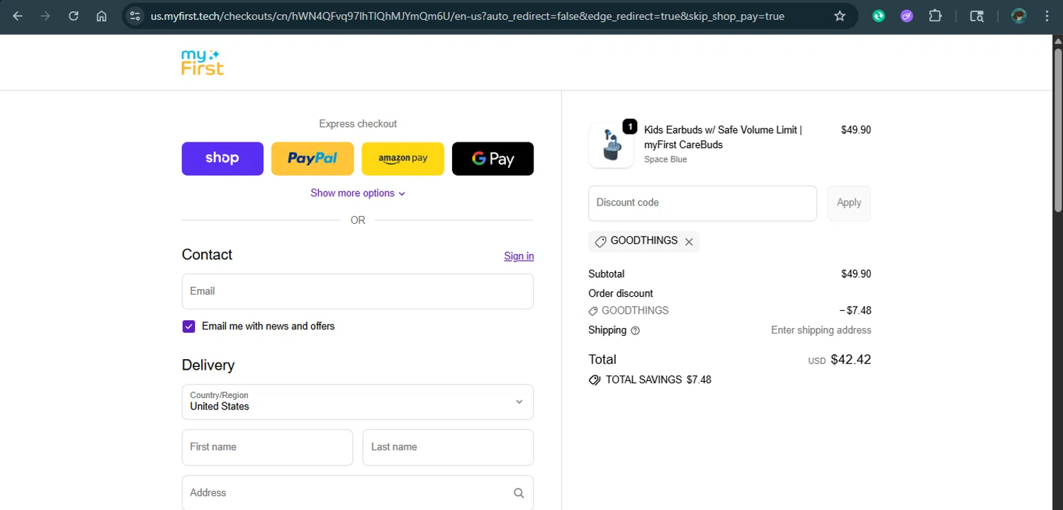 myFirst US promo code screenshot showing code GOODTHINGS applied at myFirst US checkout page. Uploaded by SimplyCodes community member MariaCorinaMachado on Oct 22, 2025