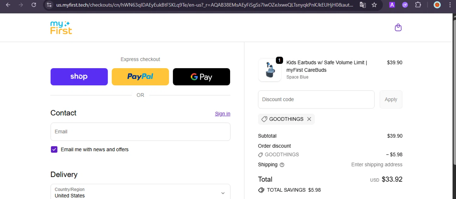 myFirst US promo code screenshot showing code GOODTHINGS applied at myFirst US checkout page. Uploaded by SimplyCodes community member NobleDefender3673 on Dec 5, 2025