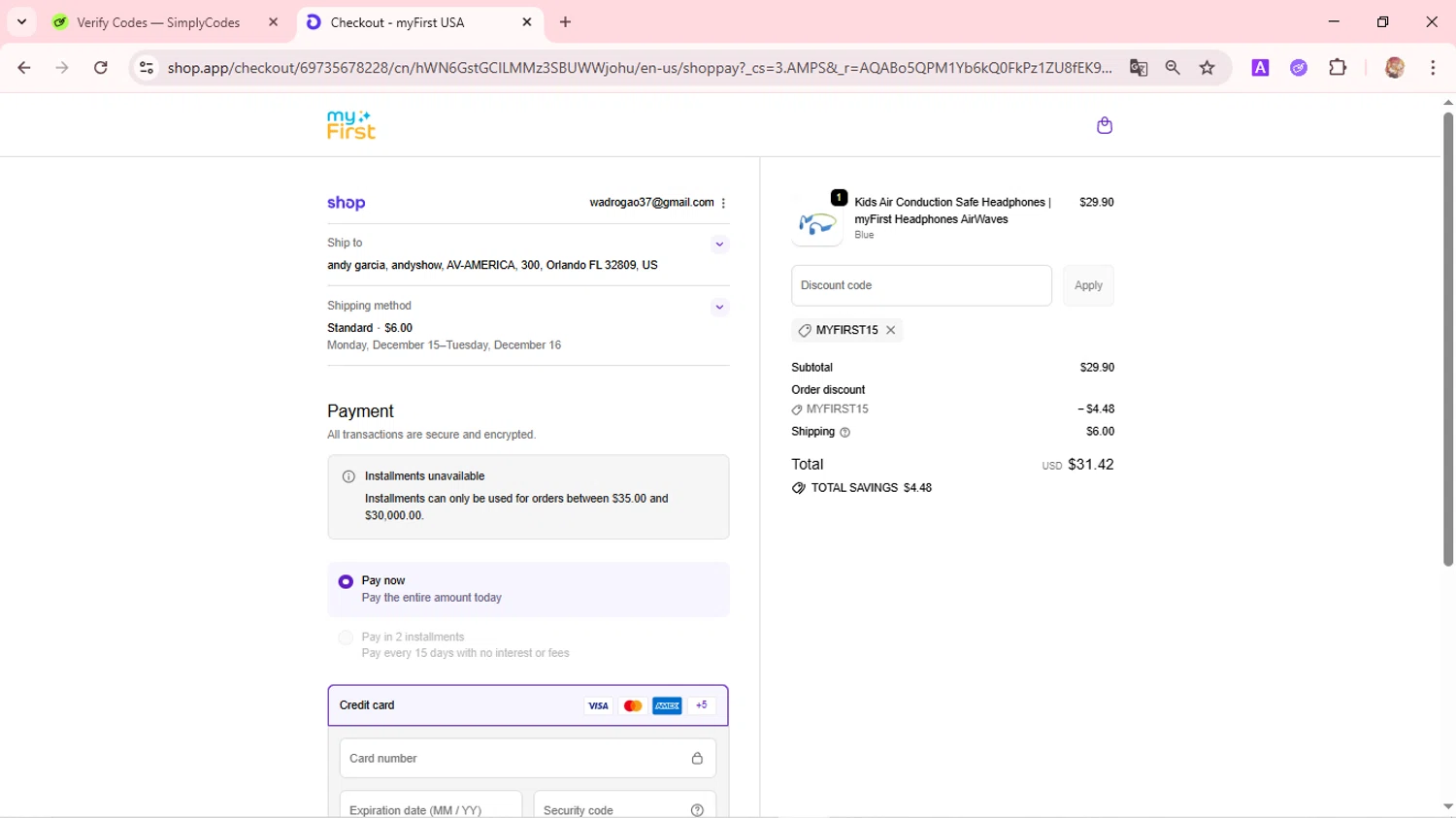 myFirst US promo code screenshot showing code MYFIRST15 applied at myFirst US checkout page. Uploaded by SimplyCodes community member FortunatePilot2384 on Dec 10, 2025