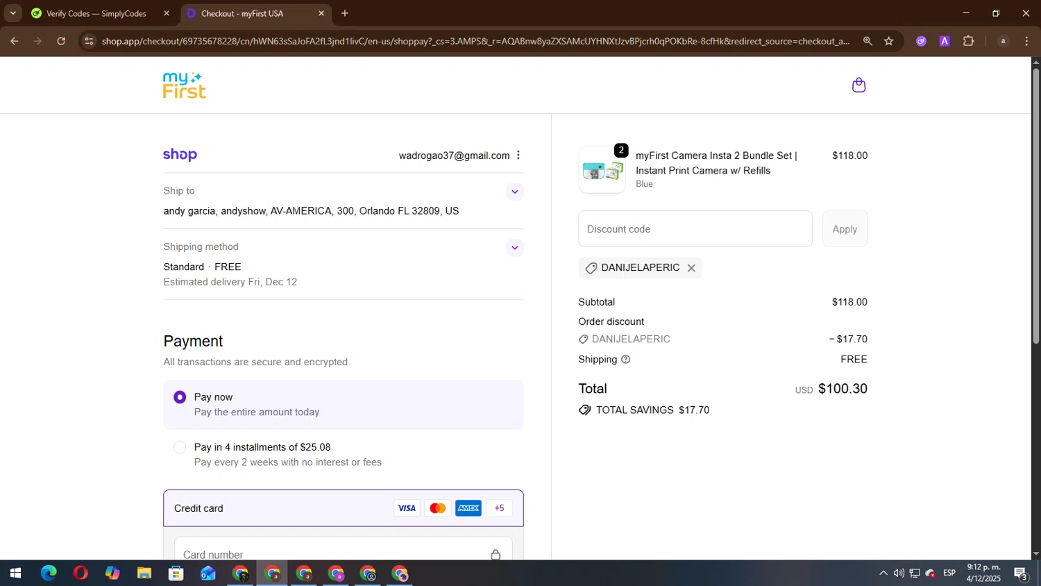 myFirst US promo code screenshot showing code DANIJELAPERIC applied at myFirst US checkout page. Uploaded by SimplyCodes community member lisandro on Dec 5, 2025
