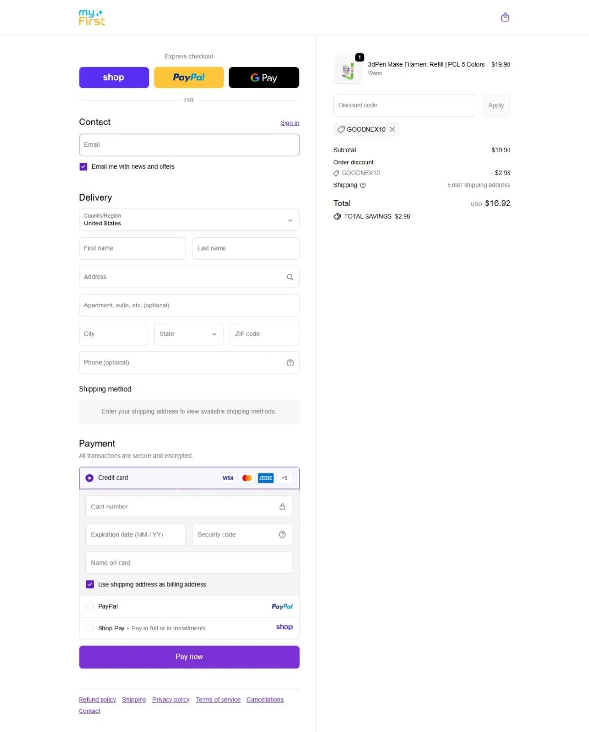 myFirst US promo code screenshot showing code GOODNEX10 applied at myFirst US checkout page. Uploaded by SimplyCodes community member Maylinlr on Dec 7, 2025