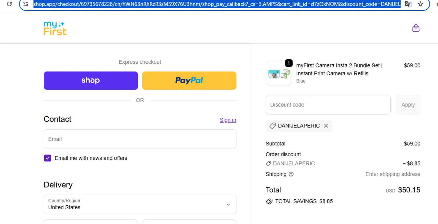 myFirst US promo code screenshot showing code DANIJELAPERIC applied at myFirst US checkout page. Uploaded by SimplyCodes community member javierprez on Dec 5, 2025