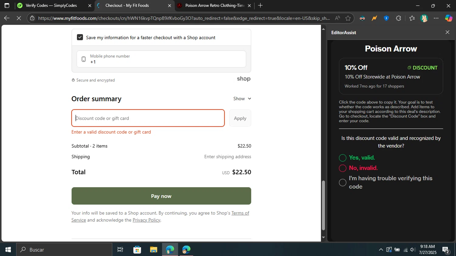 My Fit Foods promo code screenshot showing code WHITNEY applied at My Fit Foods checkout page. Uploaded by SimplyCodes community member Don_Quixote on Jul 27, 2025