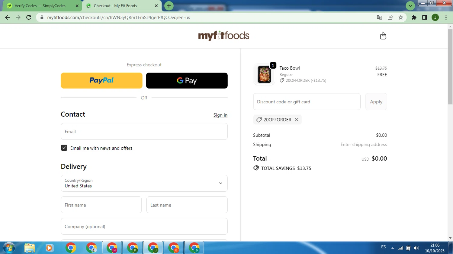 My Fit Foods promo code screenshot showing code 20OFFORDER applied at My Fit Foods checkout page. Uploaded by SimplyCodes community member BonusWhiz695 on Oct 11, 2025