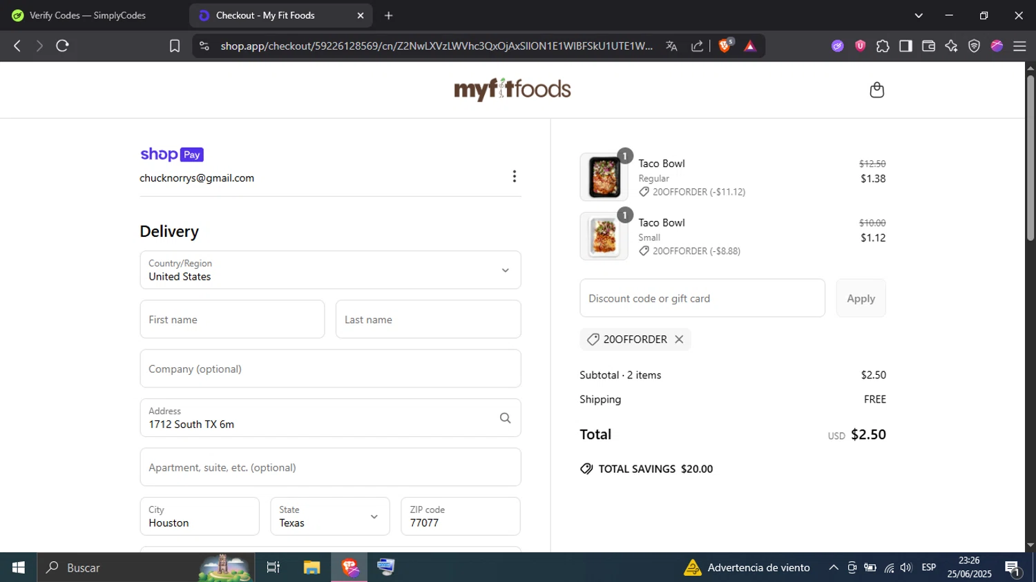 My Fit Foods promo code screenshot showing code 20OFFORDER applied at My Fit Foods checkout page. Uploaded by SimplyCodes community member LaVelaEnPinta on Jun 26, 2025