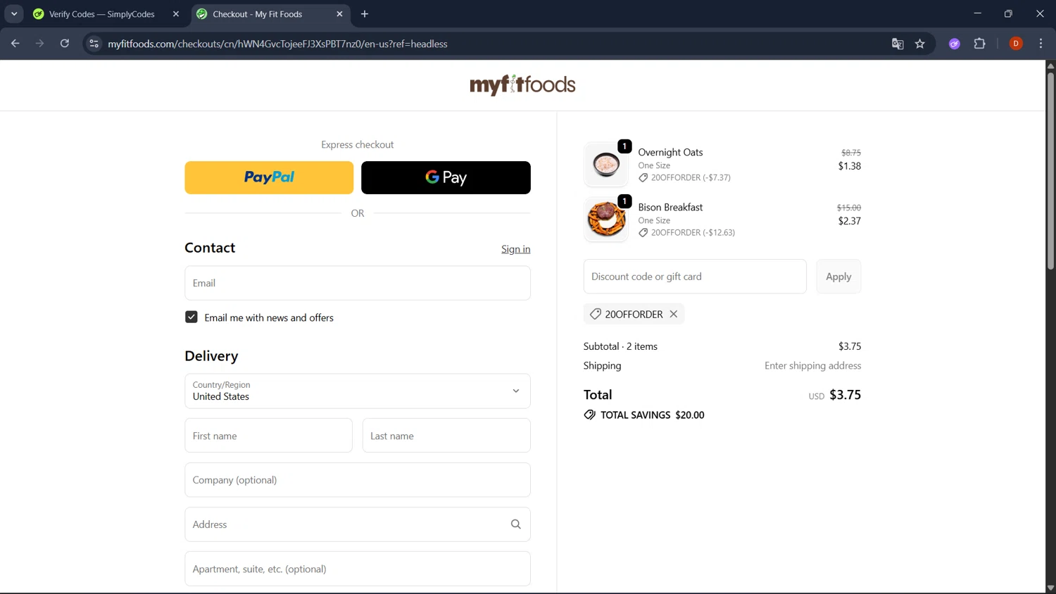 My Fit Foods promo code screenshot showing code 20OFFORDER applied at My Fit Foods checkout page. Uploaded by SimplyCodes community member RoyalSaver3150 on Oct 18, 2025