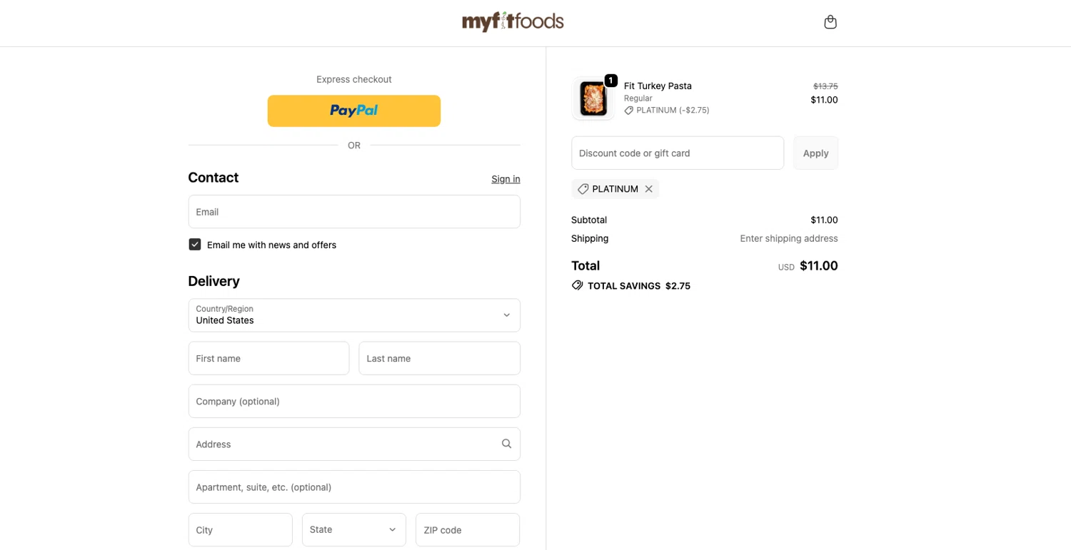 My Fit Foods promo code screenshot showing code PLATINUM applied at My Fit Foods checkout page. Uploaded by SimplyCodes community member ELOIN777 on Feb 4, 2026