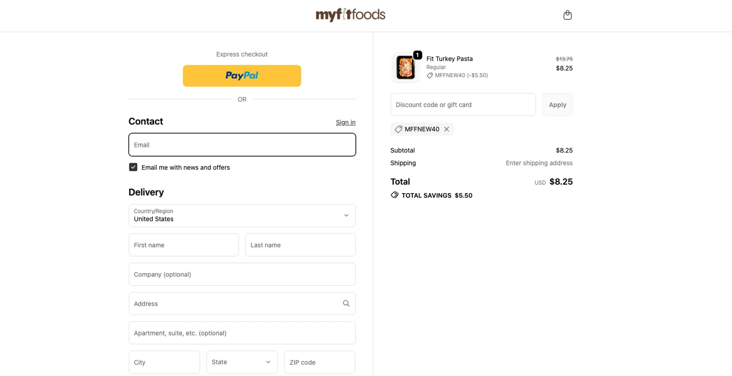 My Fit Foods promo code screenshot showing code MFFNEW40 applied at My Fit Foods checkout page. Uploaded by SimplyCodes community member ELOIN777 on Feb 4, 2026