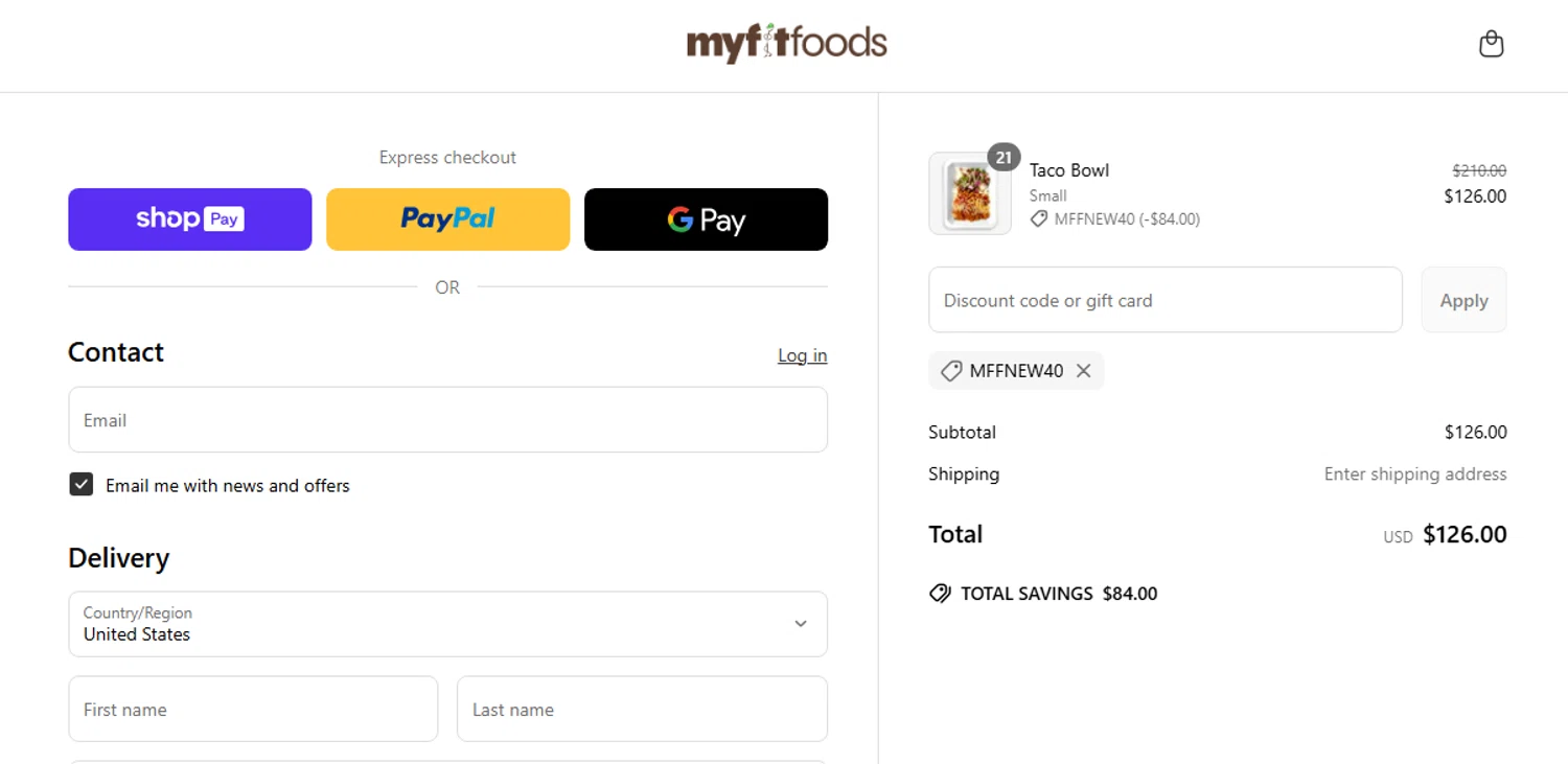 My Fit Foods promo code screenshot showing code MFFNEW40 applied at My Fit Foods checkout page. Uploaded by SimplyCodes community member Jhonny on Jun 6, 2025