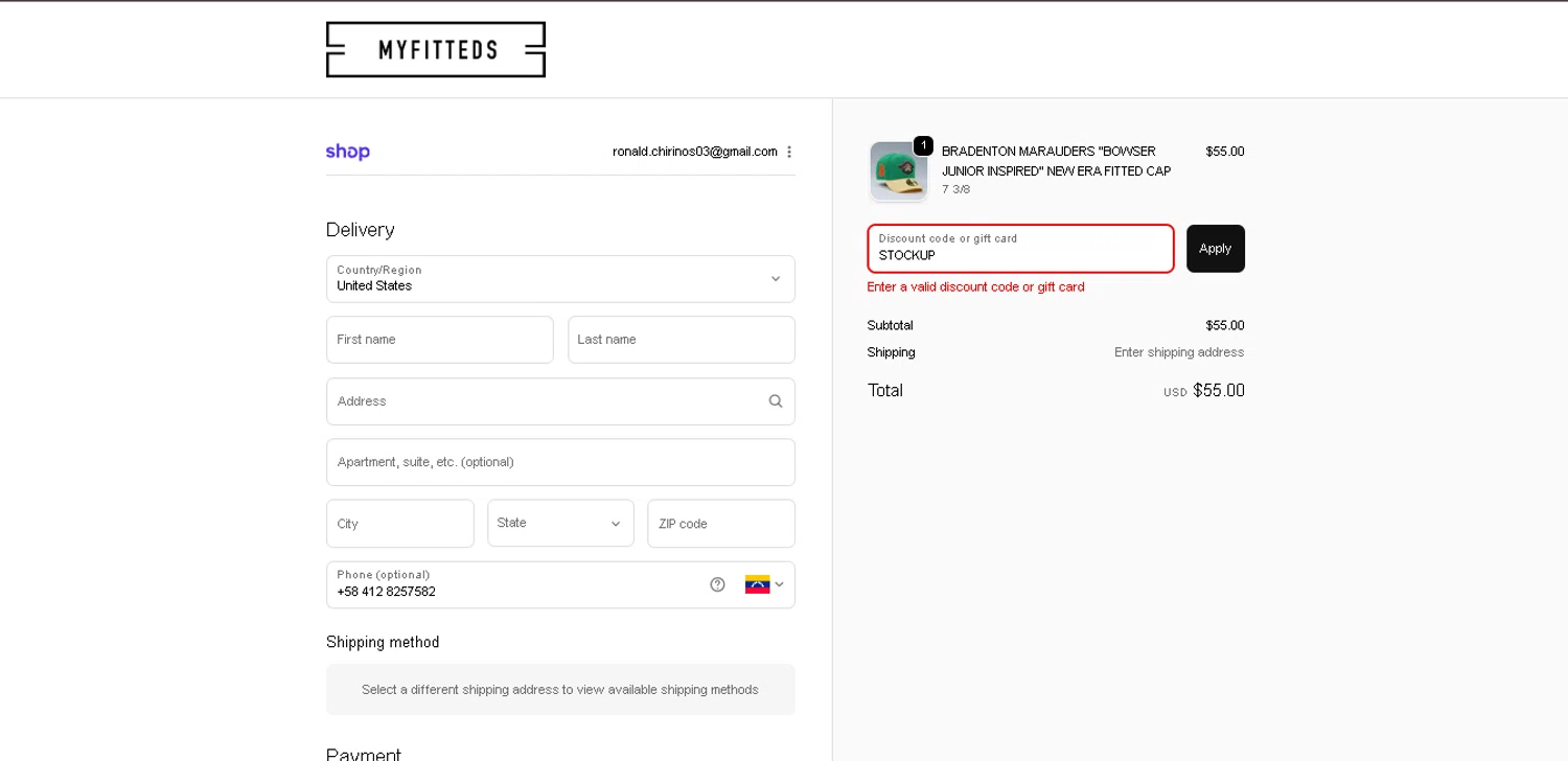 My Fitteds discount code screenshot showing code STOCKUP applied at My Fitteds checkout page. Uploaded by SimplyCodes community member ValiantMaverick169 on Nov 30, 2025