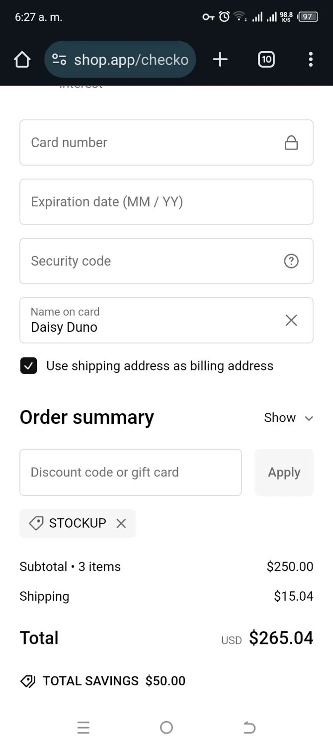 My Fitteds discount code screenshot showing code STOCKUP applied at My Fitteds checkout page. Uploaded by SimplyCodes community member Sashayprincesa on Dec 30, 2024
