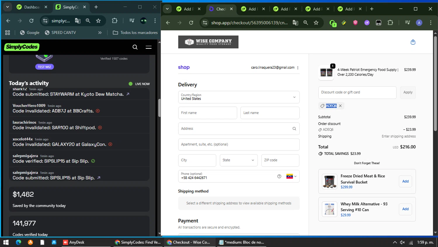 My Food Storage promo code screenshot showing code ADEQ6 applied at My Food Storage checkout page. Uploaded by SimplyCodes community member Carolina23 on Jan 30, 2026