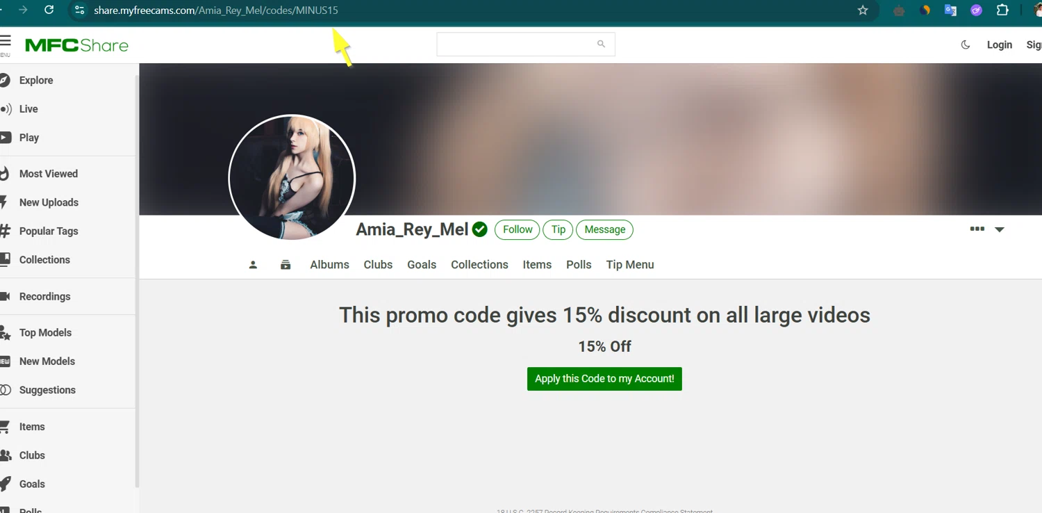 MyFreeCams promo code screenshot showing code MINUS15 applied at MyFreeCams checkout page. Uploaded by SimplyCodes community member Lioniel on Mar 3, 2025