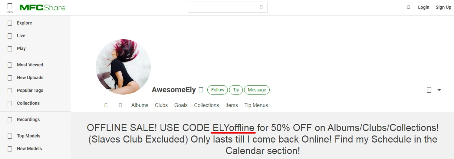 MyFreeCams promo code screenshot showing code ELYOFFLINE applied at MyFreeCams checkout page. Uploaded by SimplyCodes community member RonaldAcunaJr on Jan 19, 2026