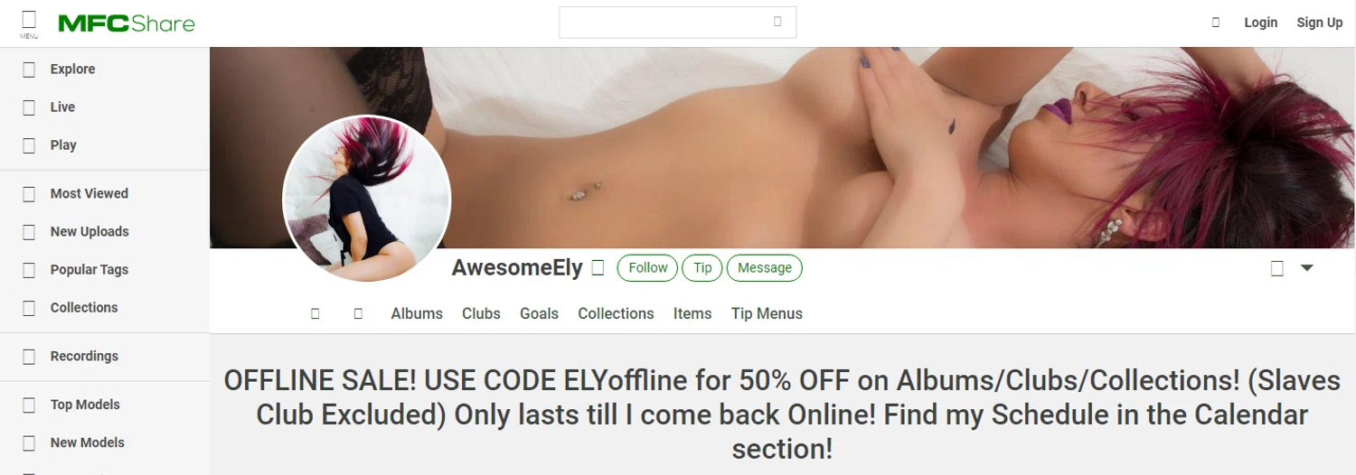 MyFreeCams promo code screenshot showing code ELYoffline applied at MyFreeCams checkout page. Uploaded by SimplyCodes community member Enamorado on Jan 28, 2026