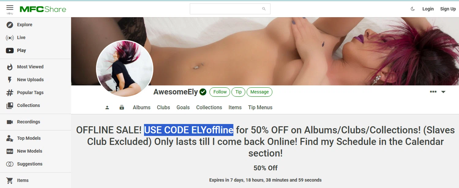 MyFreeCams promo code screenshot showing code ELYoffline applied at MyFreeCams checkout page. Uploaded by SimplyCodes community member PaulSkenes on May 23, 2026