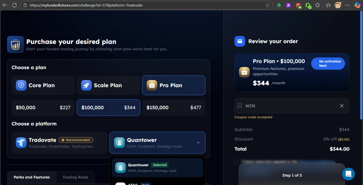My Funded Futures discount code screenshot showing code WIN applied at My Funded Futures checkout page. Uploaded by SimplyCodes community member LOVECOUPON on Nov 17, 2025