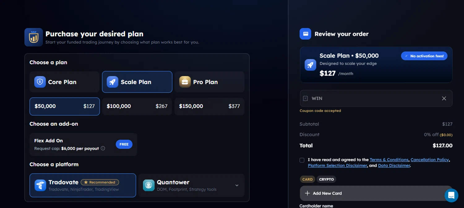 My Funded Futures discount code screenshot showing code WIN applied at My Funded Futures checkout page. Uploaded by SimplyCodes community member JesusCaballero on Nov 7, 2025