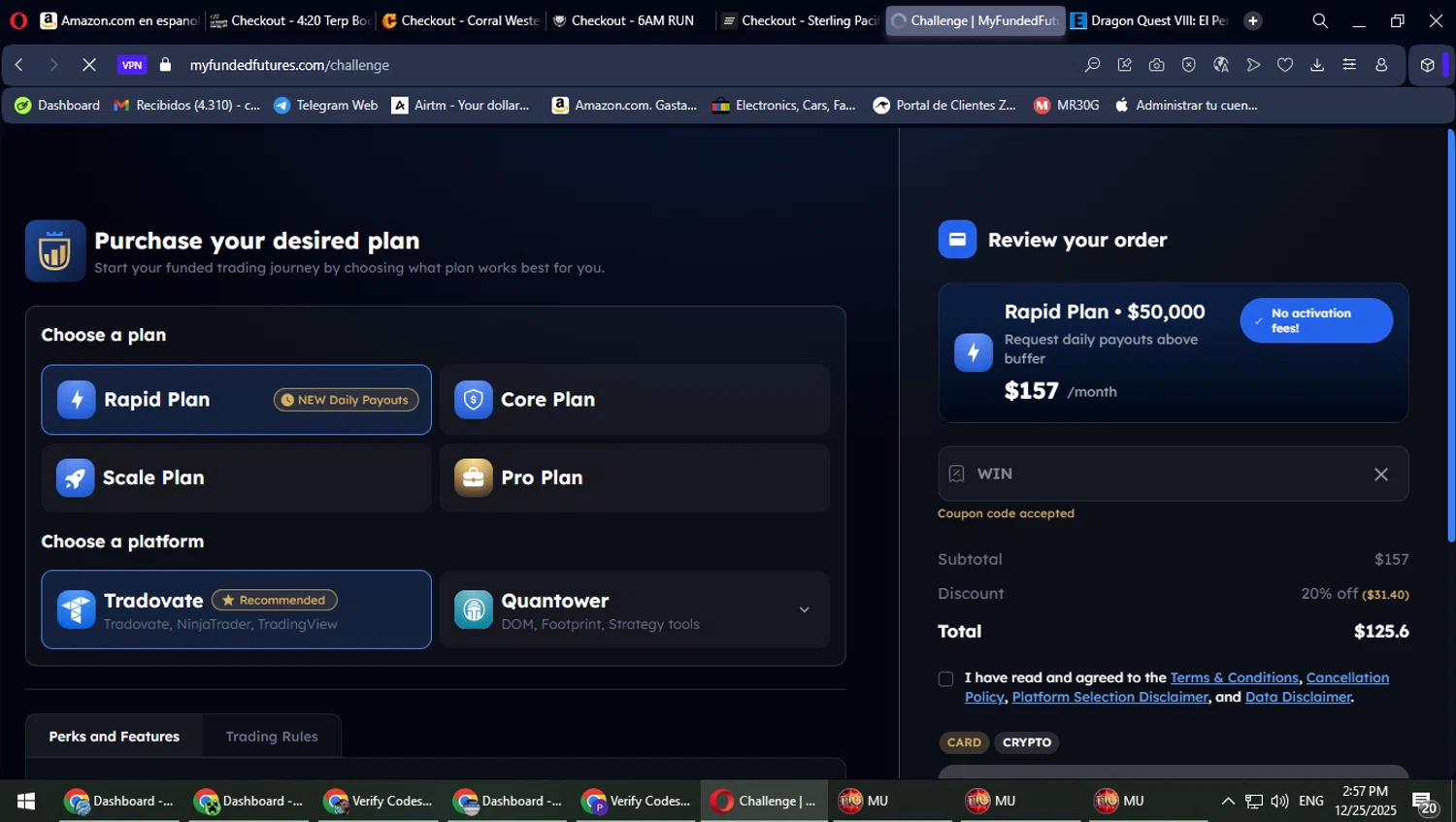 My Funded Futures discount code screenshot showing code WIN applied at My Funded Futures checkout page. Uploaded by SimplyCodes community member TrevorPhilips on Dec 25, 2025