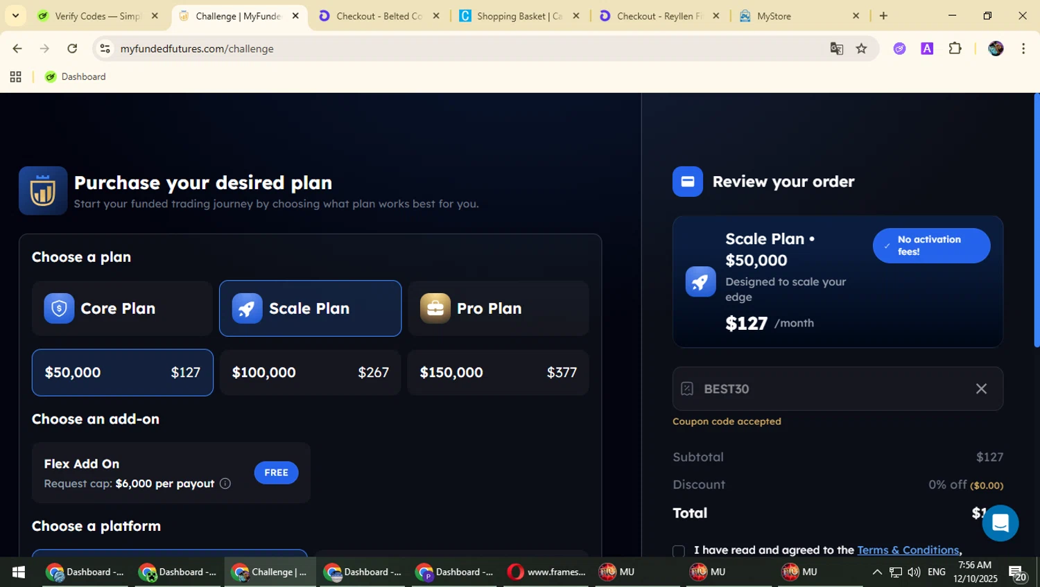 My Funded Futures discount code screenshot showing code BEST30 applied at My Funded Futures checkout page. Uploaded by SimplyCodes community member Typhlosion on Dec 10, 2025