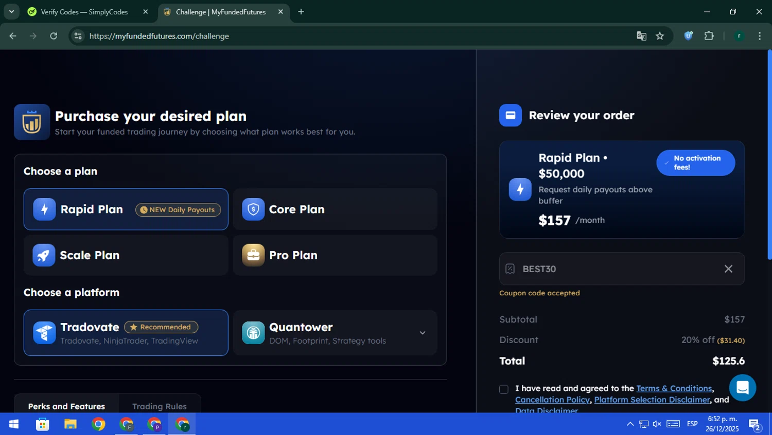 My Funded Futures discount code screenshot showing code BEST30 applied at My Funded Futures checkout page. Uploaded by SimplyCodes community member rodri1 on Dec 26, 2025