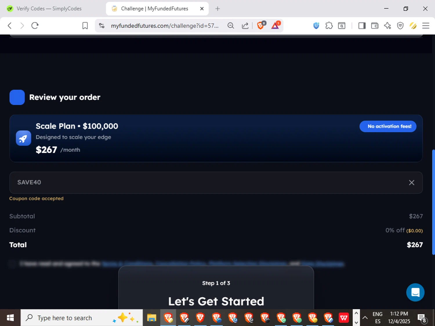 My Funded Futures discount code screenshot showing code SAVE40 applied at My Funded Futures checkout page. Uploaded by SimplyCodes community member GoldGuardian667 on Dec 4, 2025