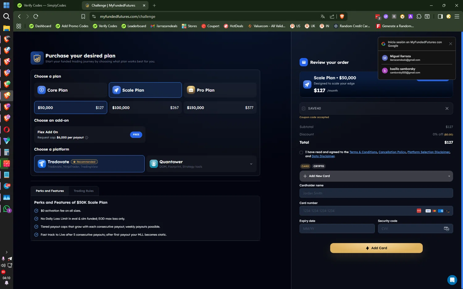 My Funded Futures discount code screenshot showing code SAVE40 applied at My Funded Futures checkout page. Uploaded by SimplyCodes community member ilarrazaM6 on Dec 8, 2025