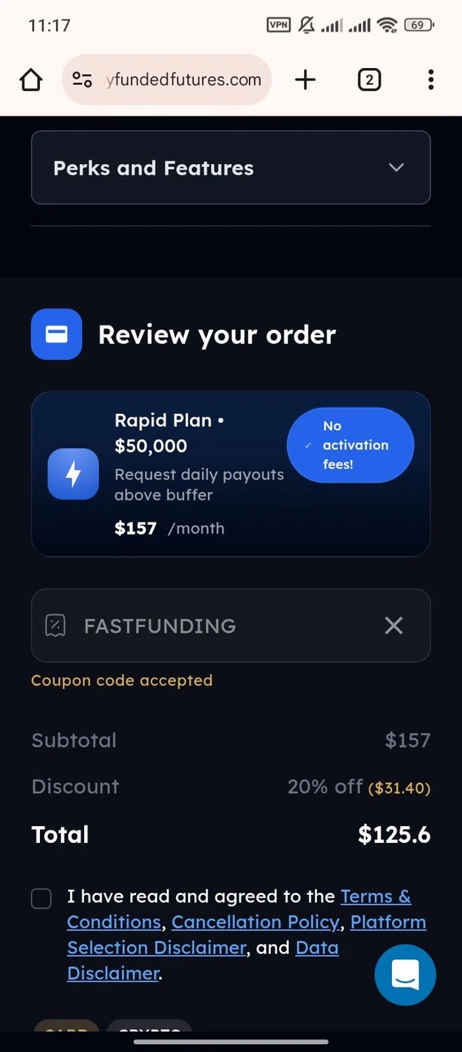 My Funded Futures checkout page showing My Funded Futures discount code box | Screenshot taken by SimplyCodes community member on Jan 6, 2026