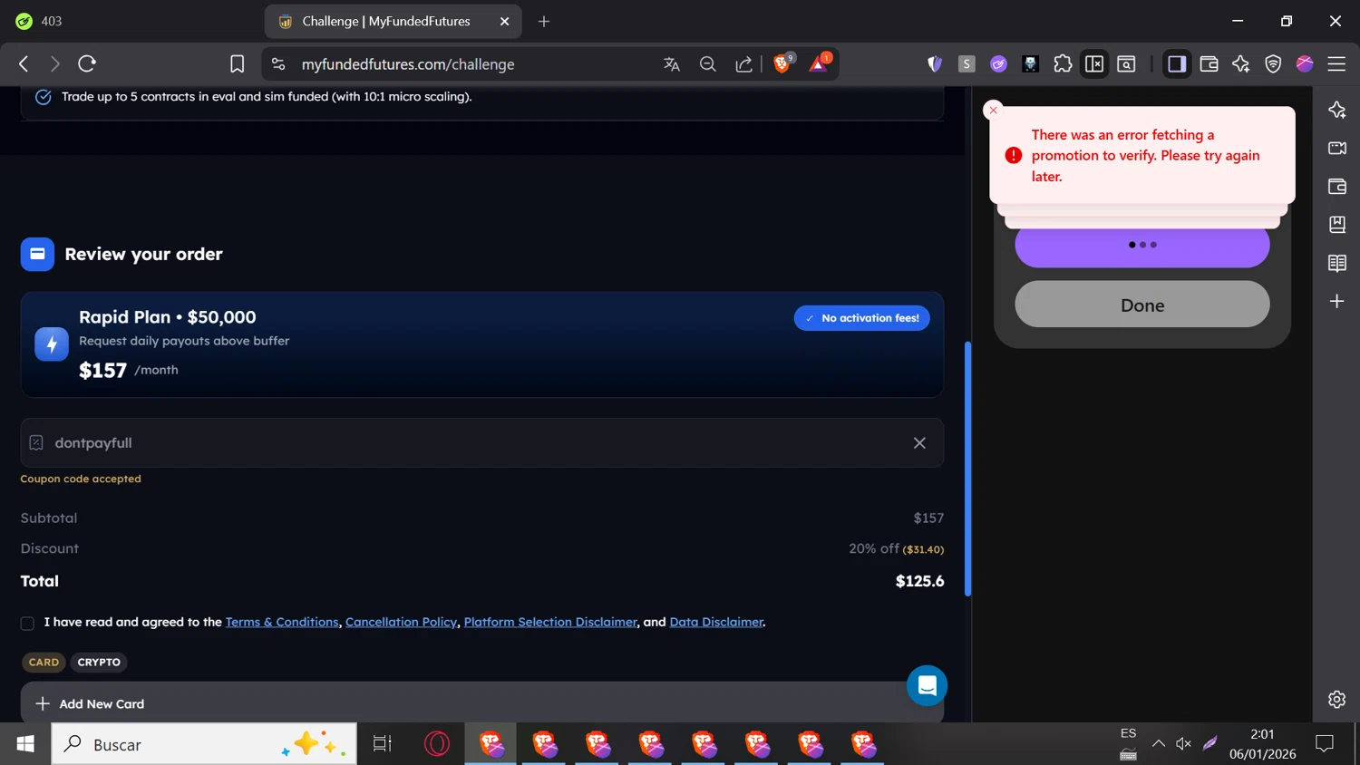 My Funded Futures checkout page showing My Funded Futures discount code box | Screenshot taken by SimplyCodes community member on Jan 6, 2026