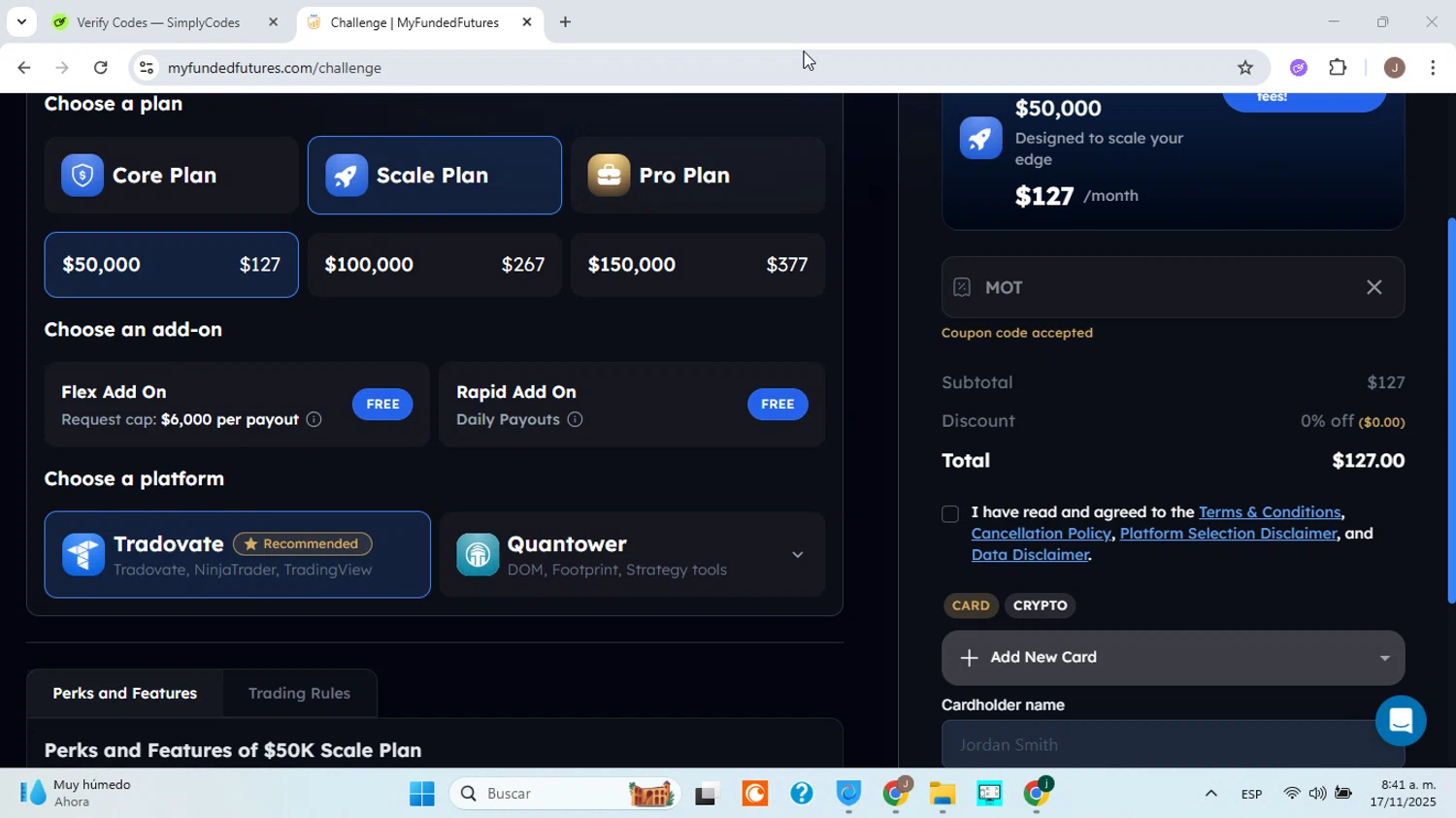 My Funded Futures discount code screenshot showing code MOT applied at My Funded Futures checkout page. Uploaded by SimplyCodes community member jorgejavierherrera on Nov 17, 2025