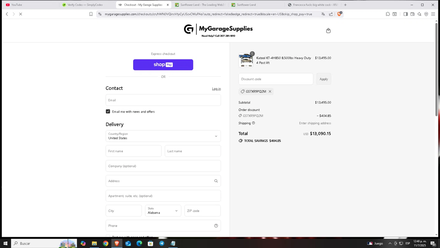 My Garage Supplies discount code screenshot showing code GS7XR9PQ2M applied at My Garage Supplies checkout page. Uploaded by SimplyCodes community member Carloscoder_900457733 on Jul 11, 2025