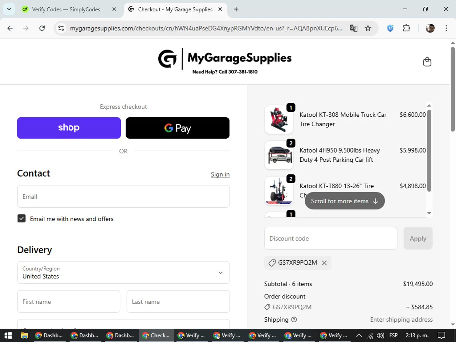 My Garage Supplies discount code screenshot showing code GS7XR9PQ2M applied at My Garage Supplies checkout page. Uploaded by SimplyCodes community member DiscountSeeker682 on Nov 4, 2025
