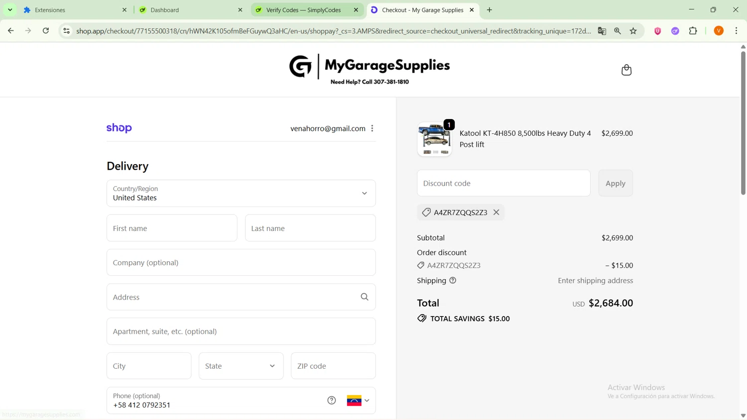 My Garage Supplies discount code screenshot showing code A4ZR7ZQQS2Z3 applied at My Garage Supplies checkout page. Uploaded by SimplyCodes community member ExtraordinarySaver9637 on Oct 12, 2025