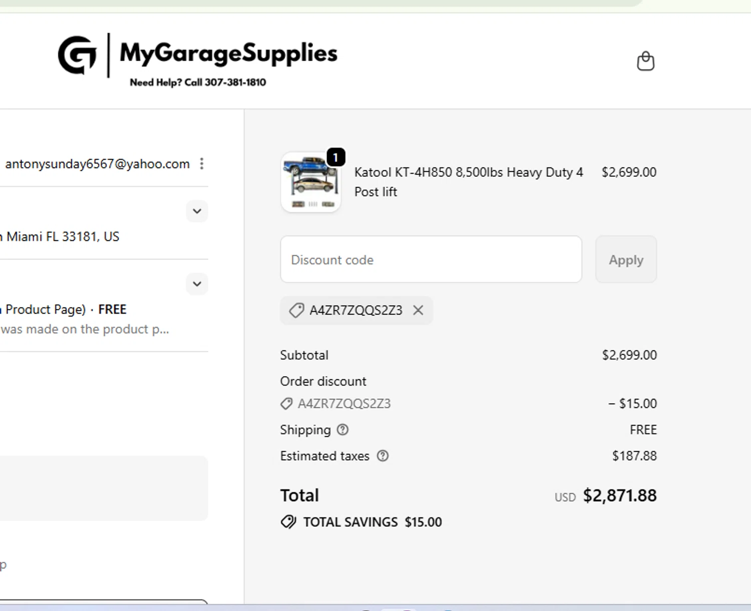 My Garage Supplies discount code screenshot showing code A4ZR7ZQQS2Z3 applied at My Garage Supplies checkout page. Uploaded by SimplyCodes community member Lamadama on Nov 10, 2025