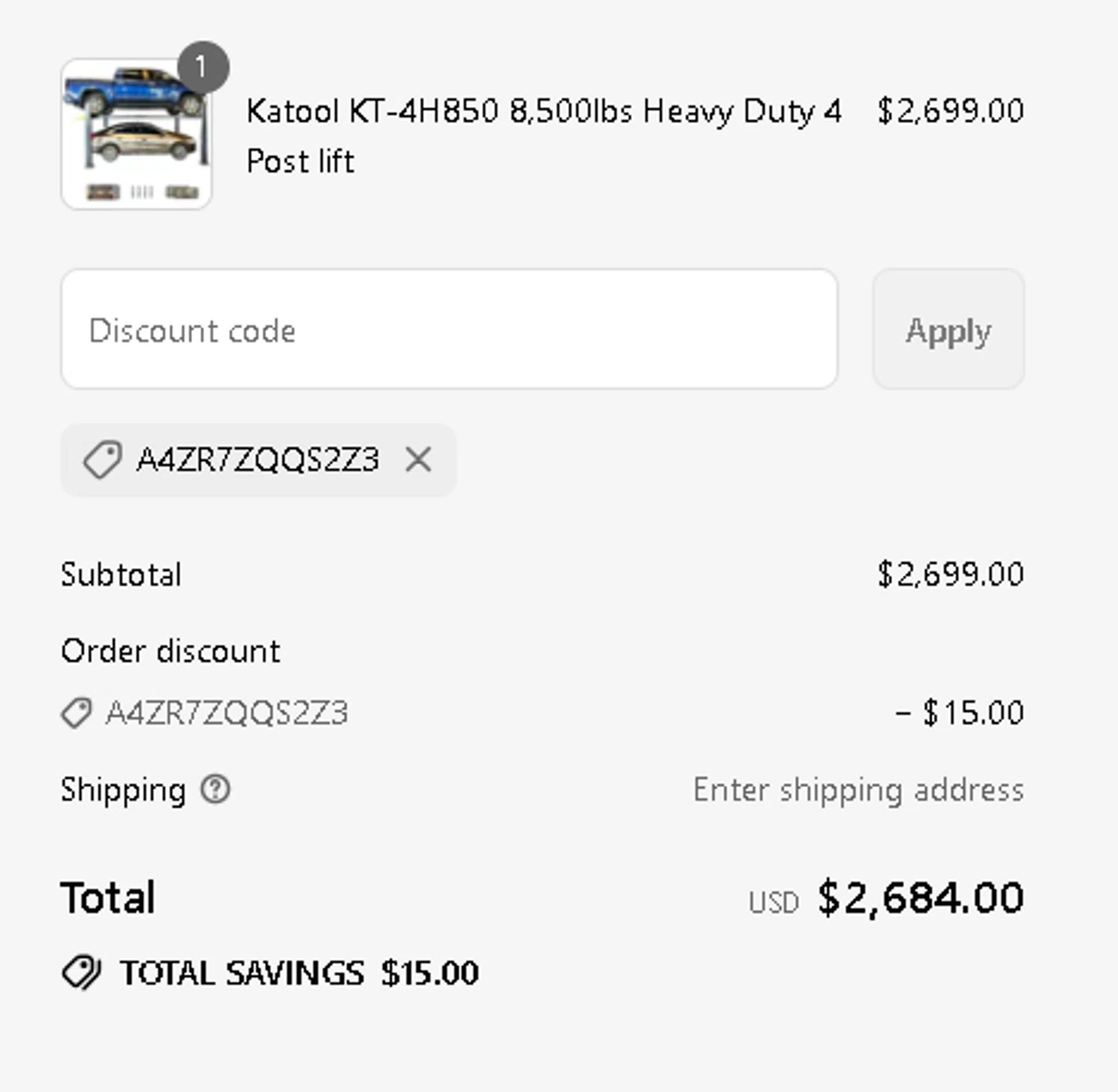 My Garage Supplies discount code screenshot showing code A4ZR7ZQQS2Z3 applied at My Garage Supplies checkout page. Uploaded by SimplyCodes community member MightyPhoenix5865 on Aug 15, 2025