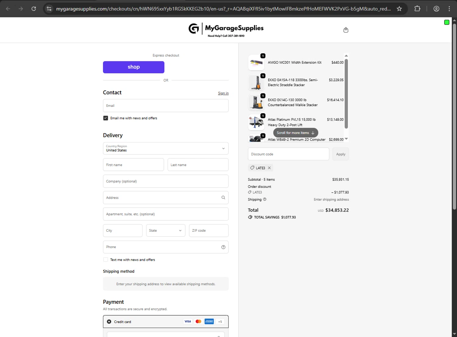 My Garage Supplies discount code screenshot showing code LATE3 applied at My Garage Supplies checkout page. Uploaded by SimplyCodes community member artritis on Dec 7, 2025