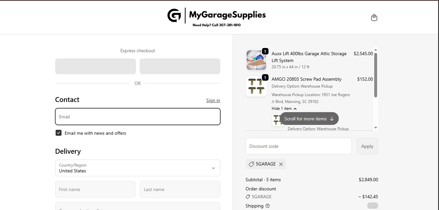 My Garage Supplies discount code screenshot showing code 5GARAGE applied at My Garage Supplies checkout page. Uploaded by SimplyCodes community member juanisaac on Oct 12, 2025