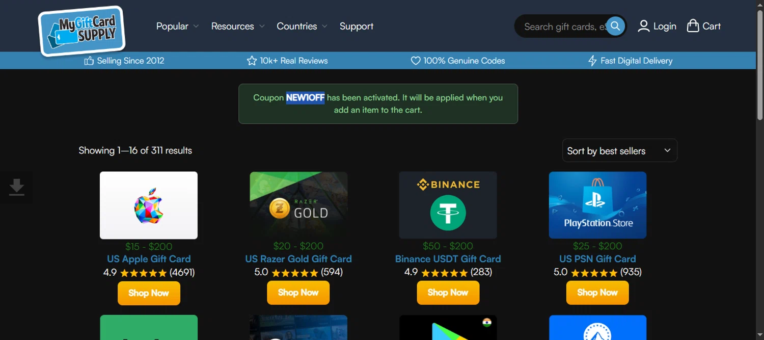 MyGiftCardSupply promo code screenshot showing code NEW1OFF applied at MyGiftCardSupply checkout page. Uploaded by SimplyCodes community member 111111 on Oct 10, 2025