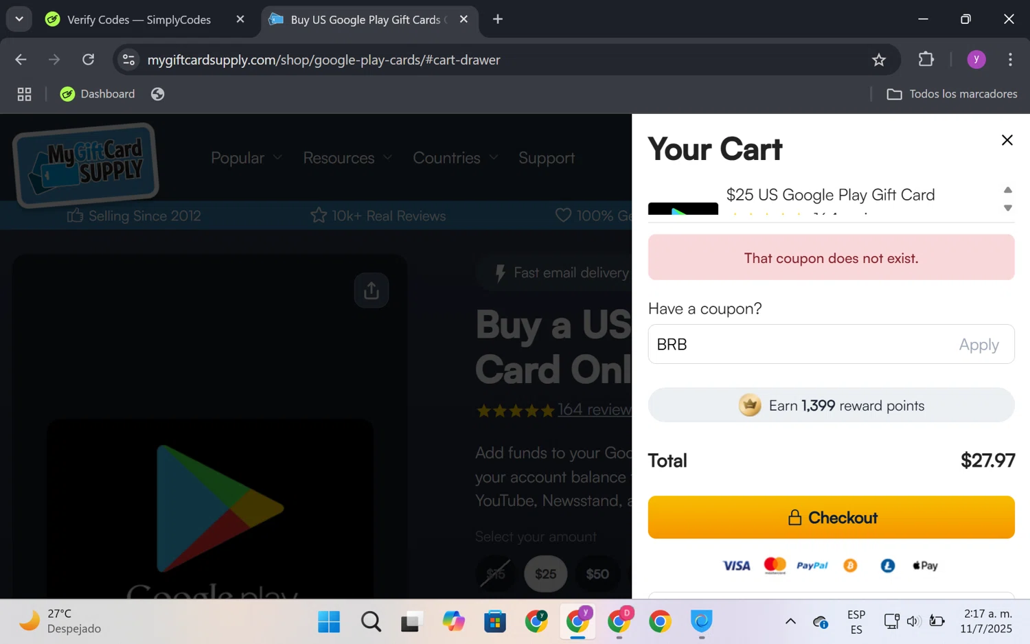 MyGiftCardSupply promo code screenshot showing code BRB applied at MyGiftCardSupply checkout page. Uploaded by SimplyCodes community member FrugalKnight6753 on Jul 11, 2025
