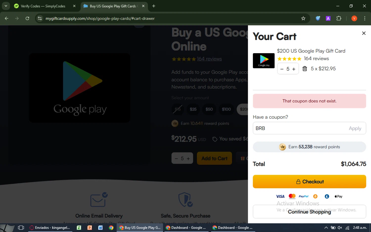 MyGiftCardSupply promo code screenshot showing code BRB applied at MyGiftCardSupply checkout page. Uploaded by SimplyCodes community member SavingsCaptain8190 on Jul 11, 2025