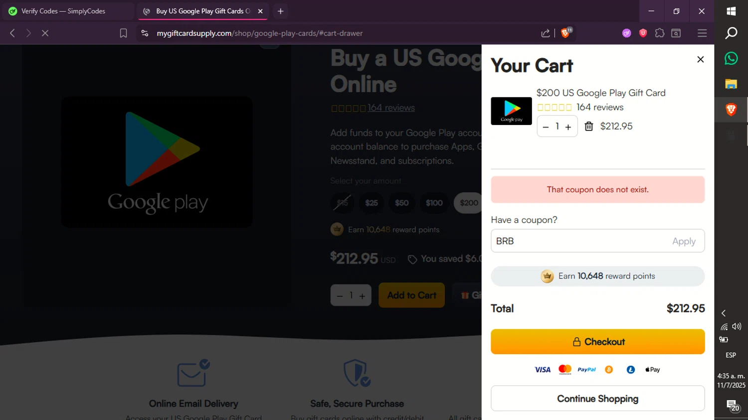 MyGiftCardSupply promo code screenshot showing code BRB applied at MyGiftCardSupply checkout page. Uploaded by SimplyCodes community member xXdevoragoticas69Xx on Jul 11, 2025