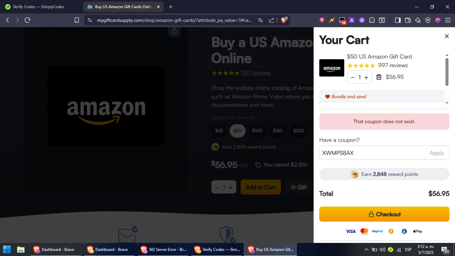 MyGiftCardSupply promo code screenshot showing code XWMPS8AX applied at MyGiftCardSupply checkout page. Uploaded by SimplyCodes community member NobleFox488 on Jul 5, 2025